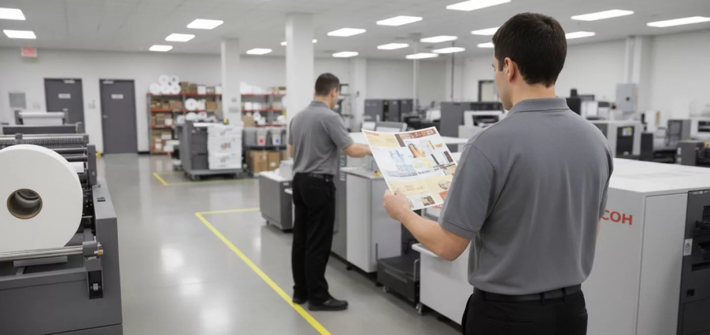  Two technicians are in a large, well-lit production facility with several industrial printers. In the foreground, one technician is facing away from the camera, holding up a printed brochure and examining it. Another technician is visible in the background, working near a different machine. The floor is marked with yellow lines.