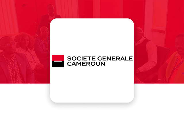 Société Générale Cameroun logo centered on a red-tinted background with people gathered in a meeting setting, conveying professionalism.