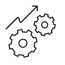Icon of a upward trend line beside two cogs, representing scalable efficiency, optimisation and process improvement.