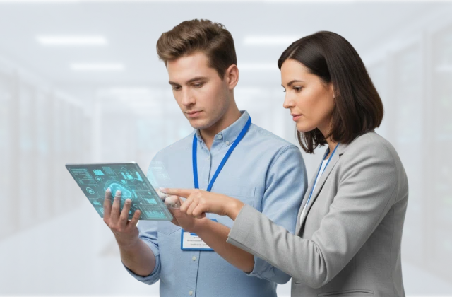 Colleagues review a digital dashboard on a tablet in a server room, analysing cloud security insights and system status.