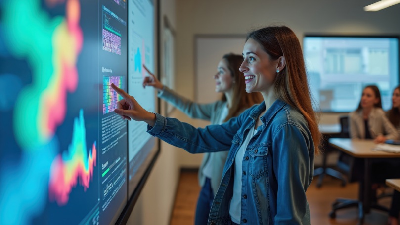 Participants interacting with a large digital touchscreen displaying colourful data visualisations, charts, and analytics dashboards during a technology and data skills training session.