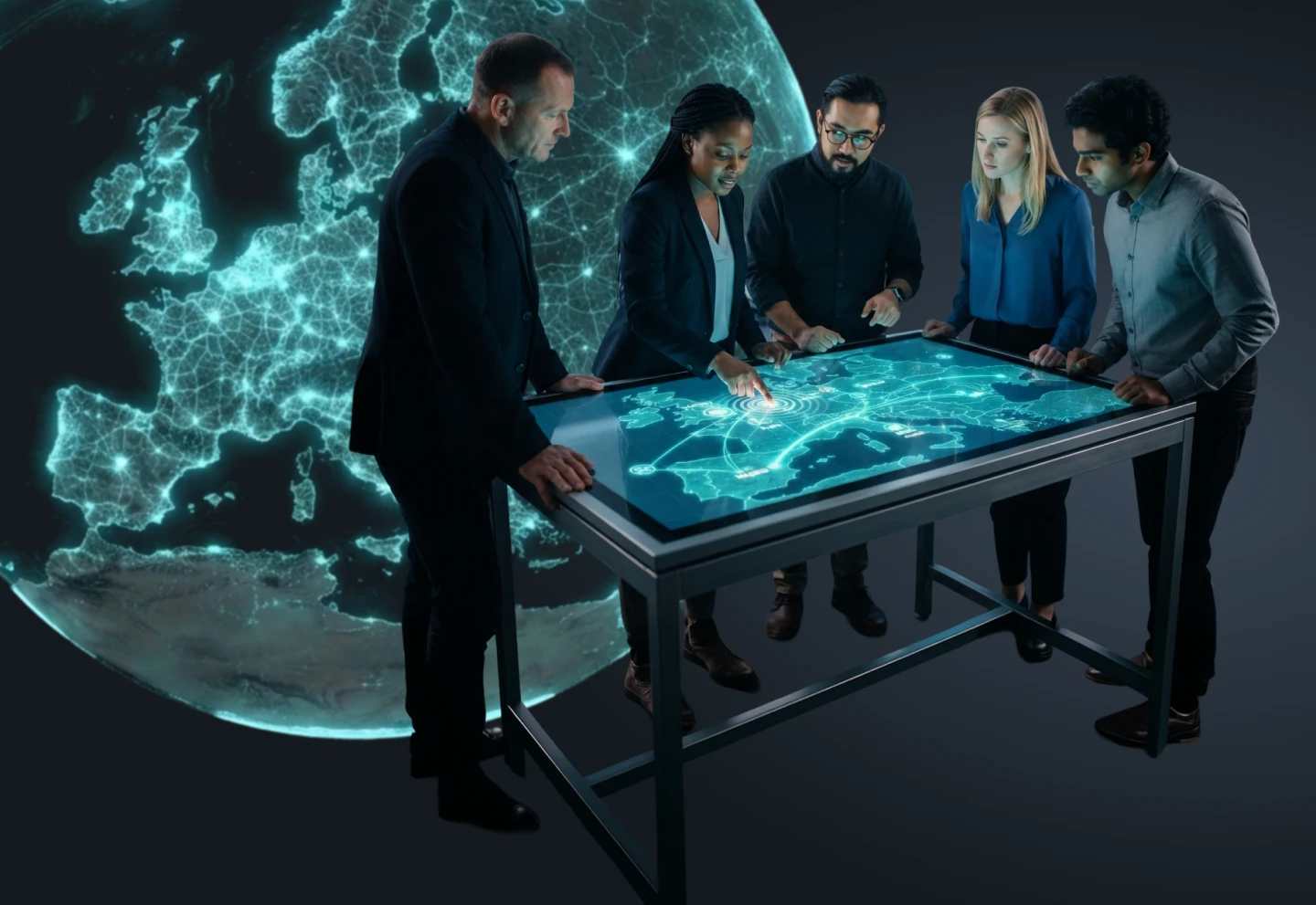 Five professionals collaborating around an interactive digital map table displaying global network connections.