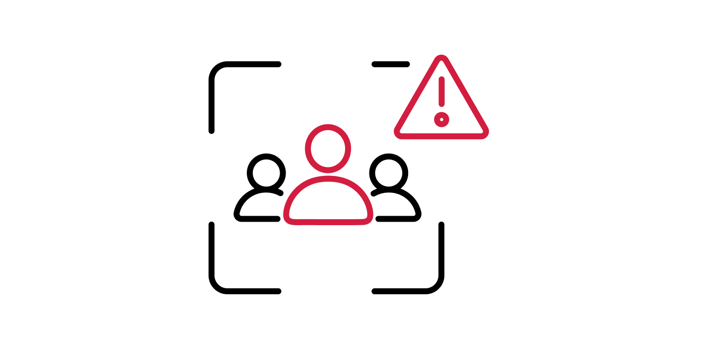 Icon of three people inside a rounded frame with a warning triangle, indicating a group alert or risk notice.