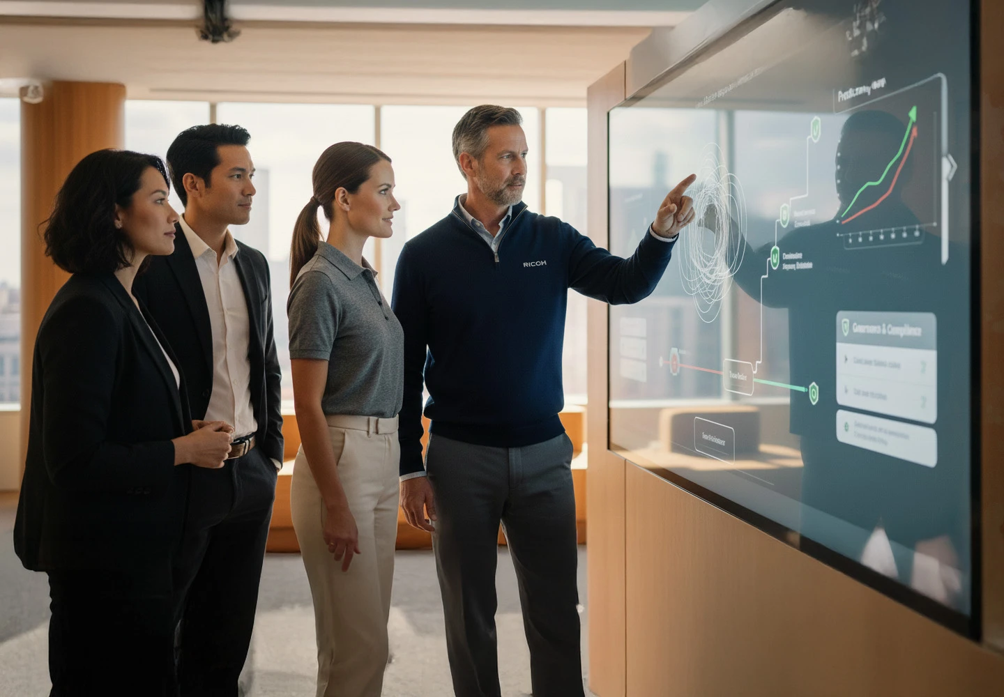 Four business professionals reviewing data on a large interactive screen. One man is pointing to a graph showing security and compliance information.