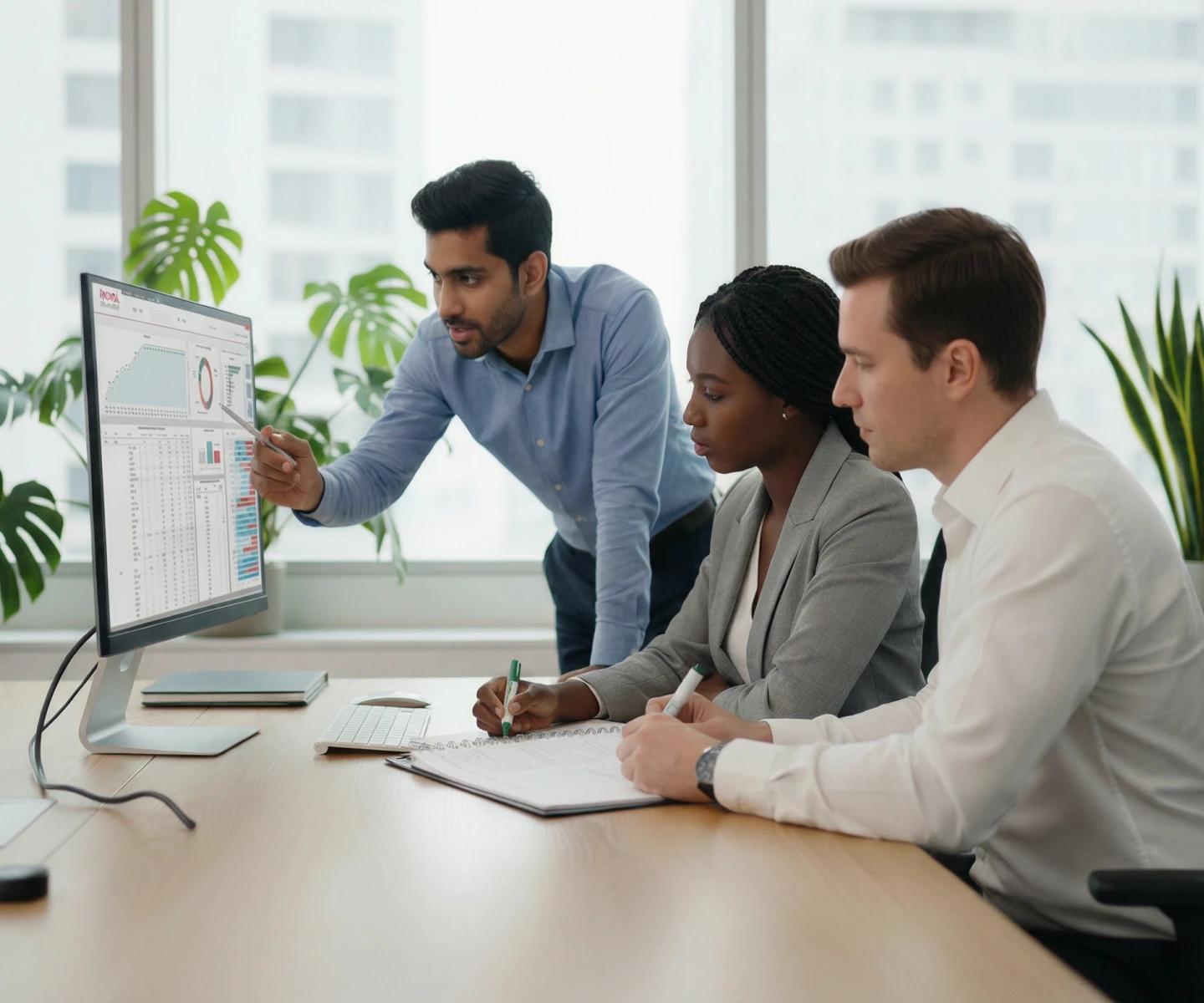 Three professionals collaborating on data analytics and performance metrics in a modern office.
