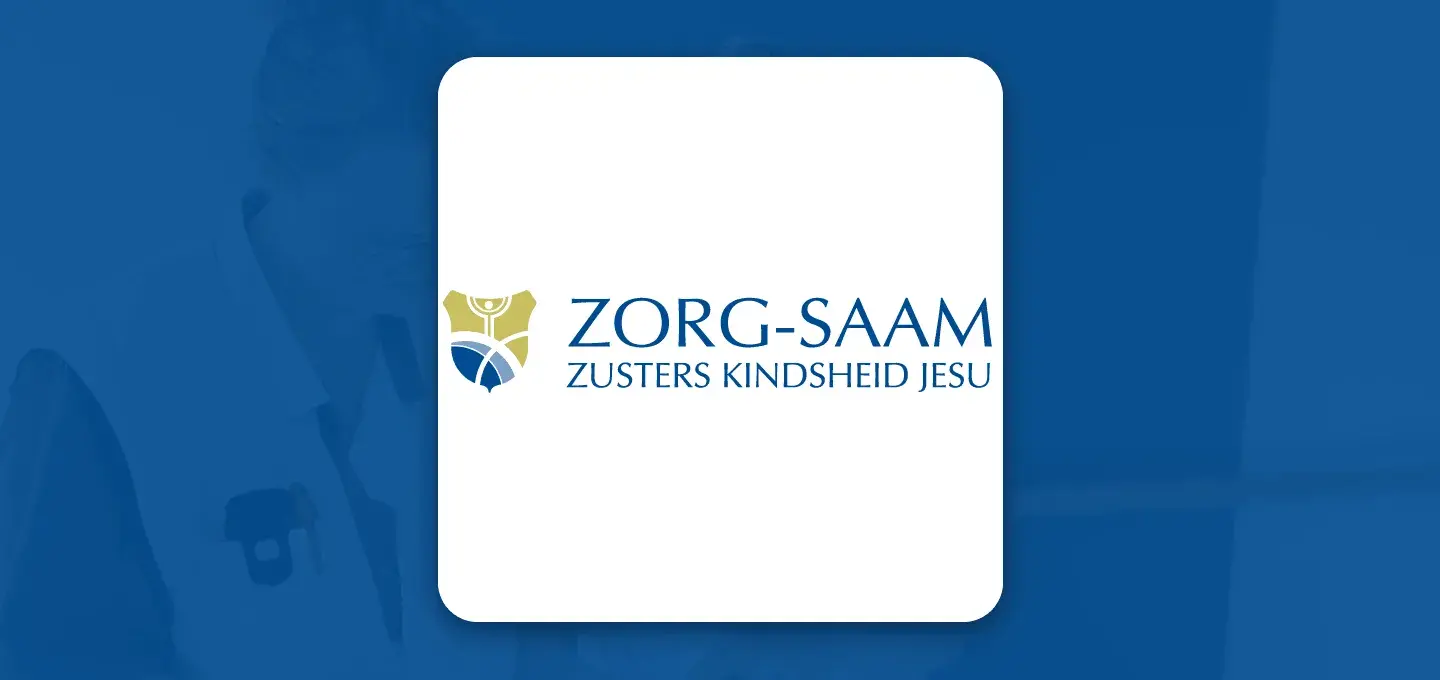 Logo of Zorg-Saam Zusters Kindheid Jesu on a white background with a blue overlay. The logo features a gold and blue stylized emblem.