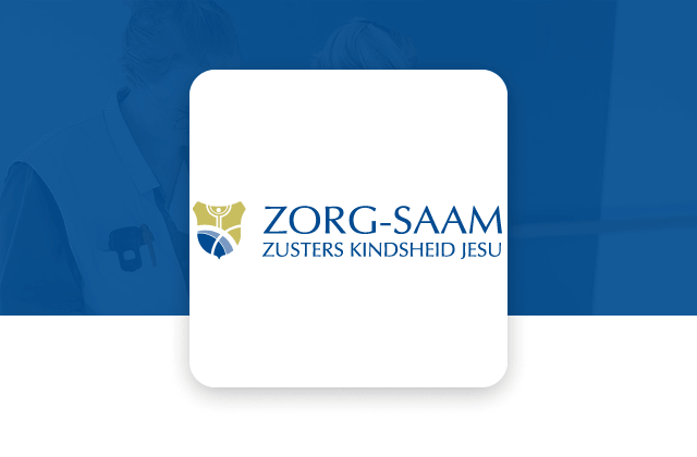 Logo of Zorg-Saam Zusters Kindheid Jesu on a white background with a blue overlay. The logo features a gold and blue stylized emblem.