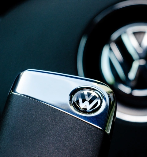 VW car badge and interior.