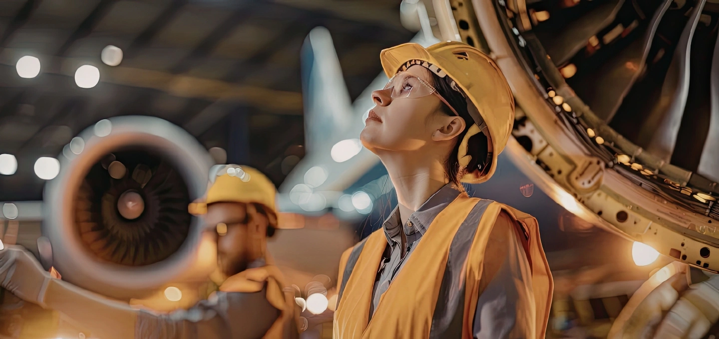 An aerospace engineer examining an aircraft.