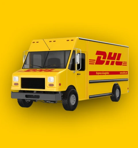 A yellow delivery truck with the DHL logo on a bright yellow background.