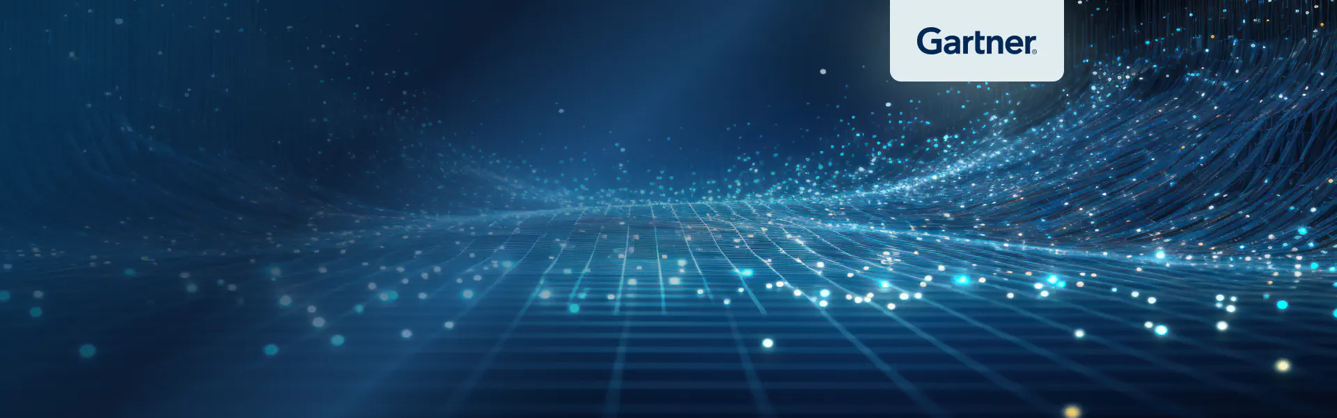 Abstract digital background with glowing blue lights and a grid pattern, featuring the Gartner logo in the upper right corner.
