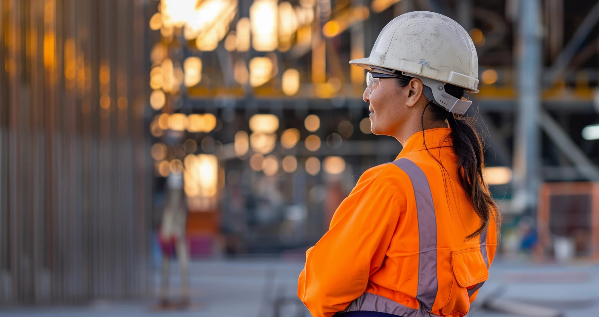 Industrial professional in safety gear overseeing construction site operations and infrastructure development.