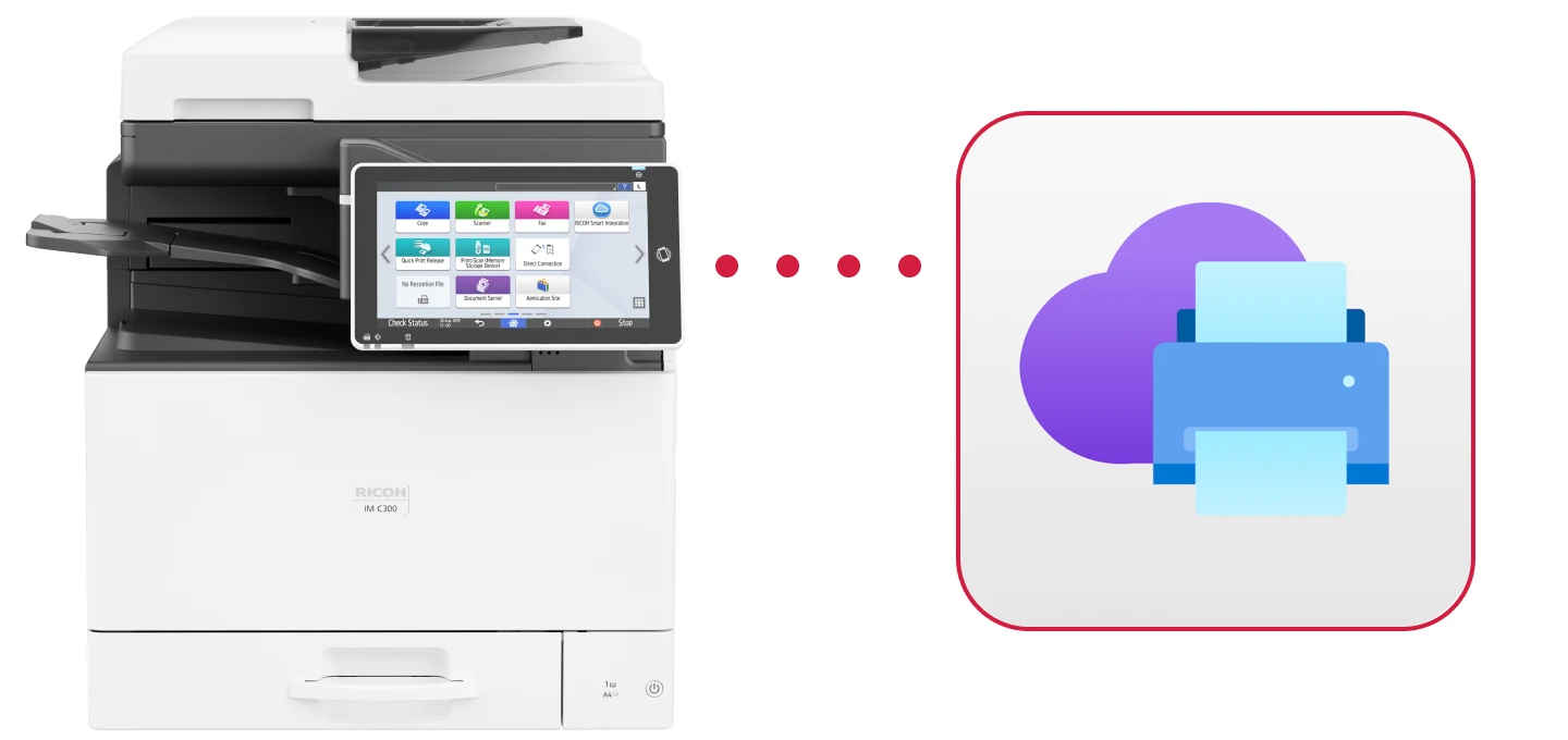 A Ricoh IM C300 multi-function printer with a digital interface on the left is connected by a dotted line to a Microsoft’s cloud-based print service app called Universal Print