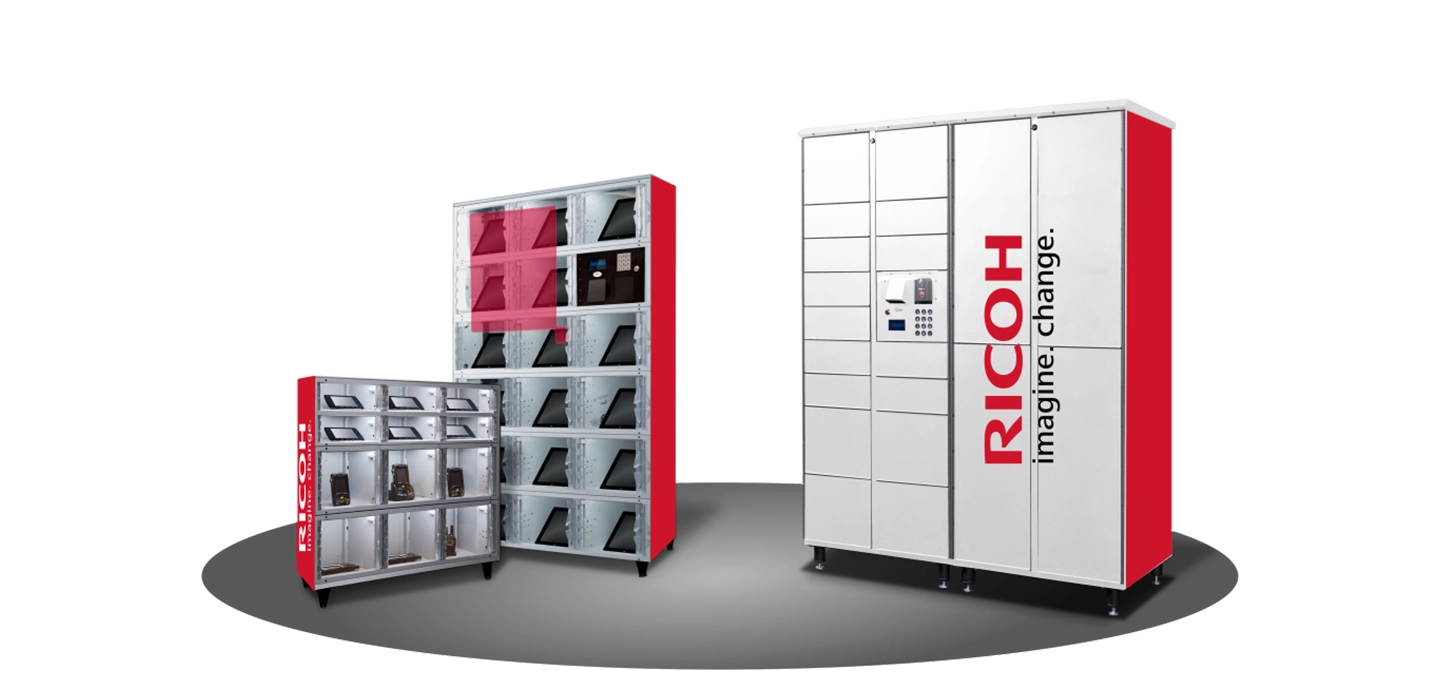 Three red and white Ricoh parcel lockers of varying sizes on a gray background. Some compartments reveal packages, conveying organization and efficiency.