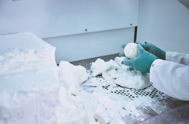 Employee in PPE de-powdering an SLS part.